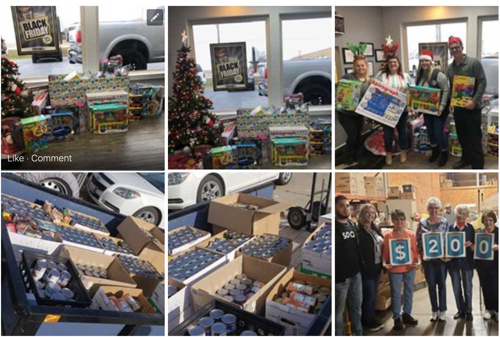 Employees giving canned food